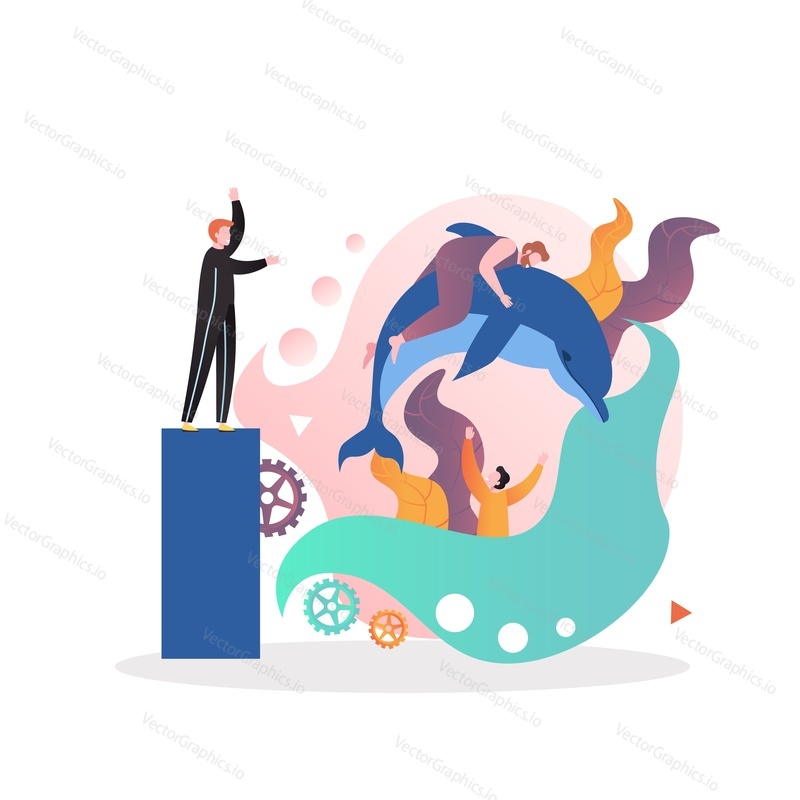 Dolphin show, vector illustration. Swimming with cute and talented marine creatures. Dolphinarium concept for web banner, website page etc.