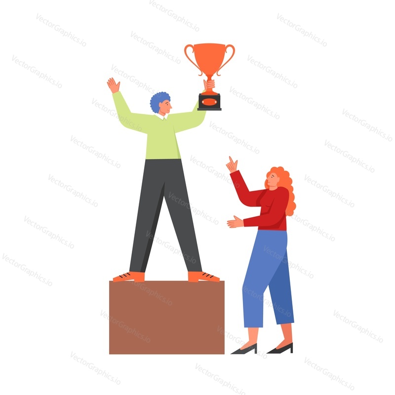 Businessman with award cup standing on victory pedestal, vector flat illustration isolated on white background. Business success concept for web banner, website page etc.