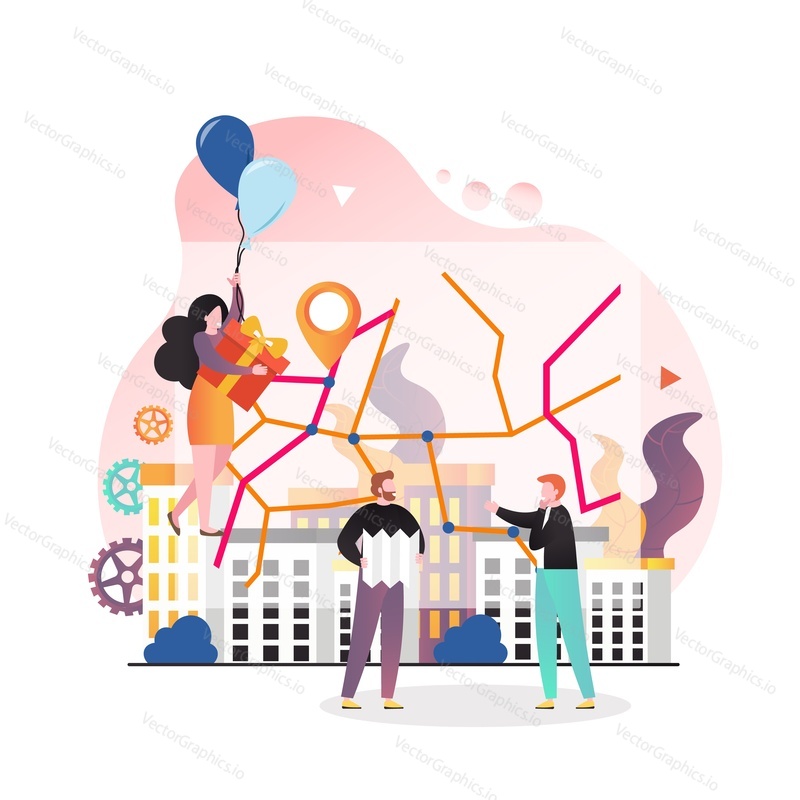 Huge city map and micro male and female characters with gift box, balloons, route guide, vector illustration. City quest concept for web banner, website page etc.