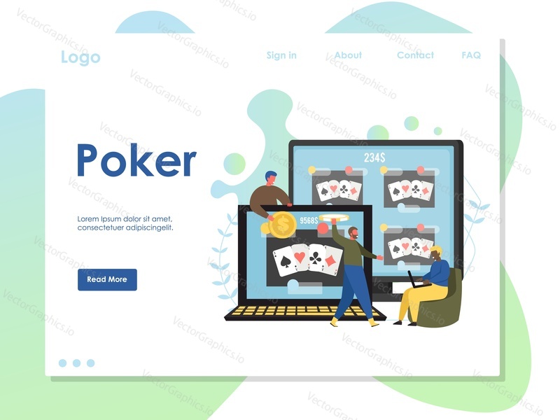 Poker vector website template, web page and landing page design for website and mobile site development. Online casino room, internet gambling concept.