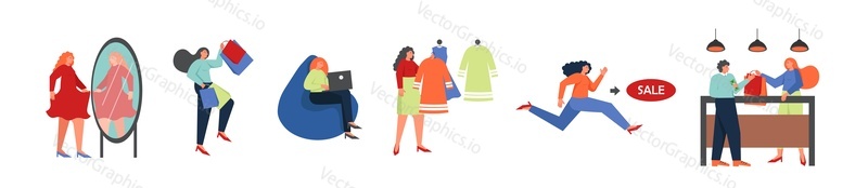 Женщины, делающие покупки, векторная плоская иллюстрация, изолированная на белом фоне. Счастливые девушки с сумками, выбирают и примеряют платья, покупают одежду, совершают покупки в Интернете. Распродажа покупок и скидки.