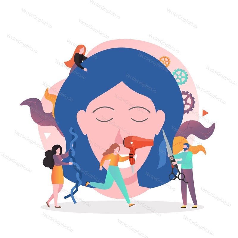 Huge woman head and micro male and female characters cutting and styling her hair, vector illustration. Hairdressing beauty salon services concept for web banner, website page etc.