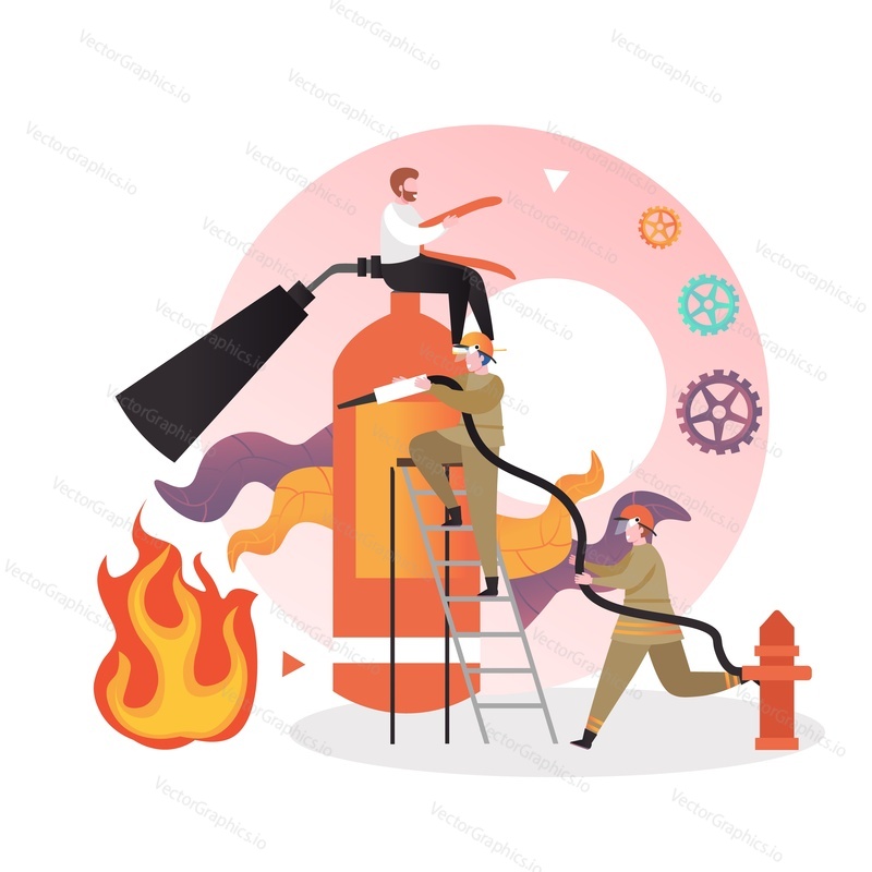 Micro characters firefighters in uniform fighting the blaze using huge red fire extinguisher and firefighting hose vector illustration. Fire safety and protection equipment, firefighting services.
