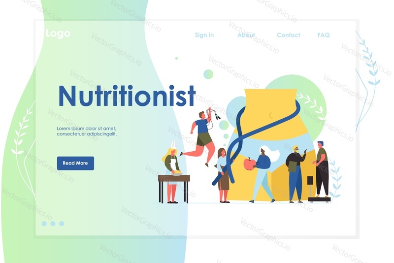 Nutritionist vector website template, web page and landing page design for website and mobile site development. Healthcare professional expert in food and diet services, healthy nutrition concept.