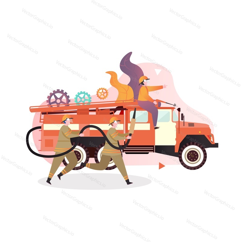 Red fire engine and firefighters rescue brigade in uniform with firefighting equipment, vector illustration. Fire protection services concept for web banner, website page etc.