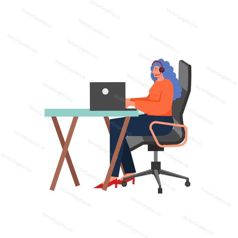 Woman with headset working on laptop while sitting at table. Vector flat style design illustration isolated on white background. Call center delivery service concept for web banner, website page etc.