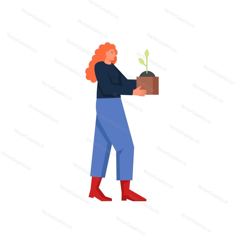 Gardener woman holding pot with green flower sprout. Vector flat style design illustration isolated on white background. Growing plants, gardening concept for web banner, website page etc.