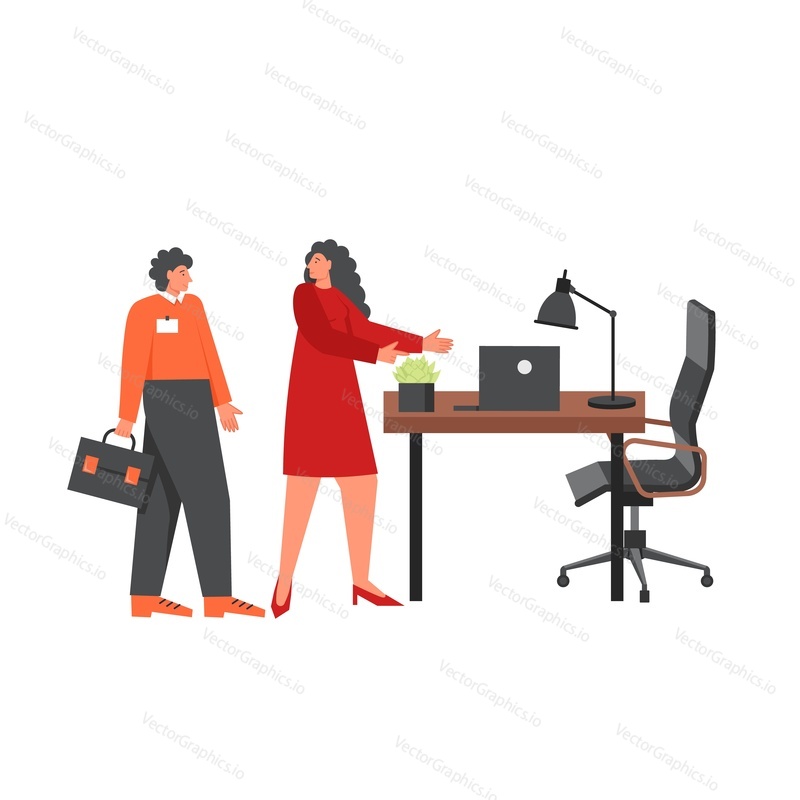 Recruitment concept vector flat illustration. Woman showing workplace to new employee. Business people hiring new staff, employment concept for web banner, website page etc.