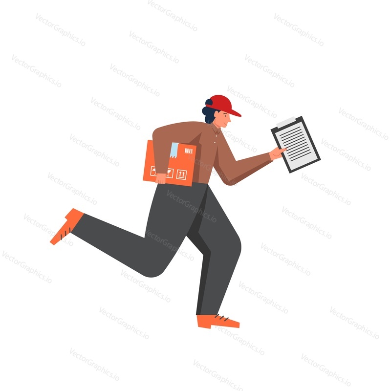 Running young man courier with parcel and delivery note. Vector flat style design illustration isolated on white background. Fast delivery services concept for web banner, website page etc.