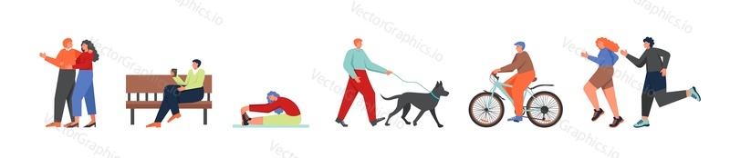 People having a walk, vector flat illustration isolated on white background. Happy couples hugging, jogging, men sitting on bench, walking dog, riding bicycle in the park.