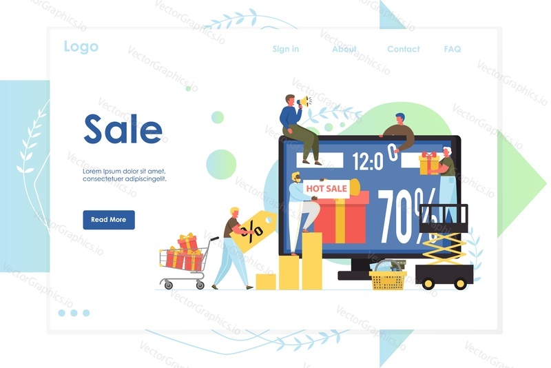 Sale vector website template, web page and landing page design for website and mobile site development. Online shopping offers concept with characters.