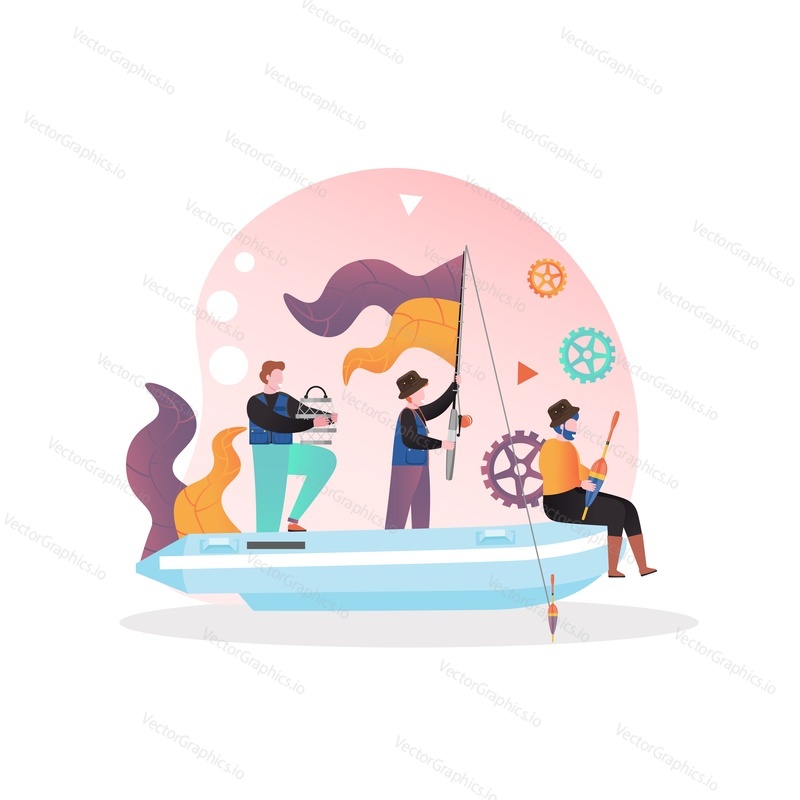 Fishermen with fishing rod, cage and bobber in fishing boat, vector illustration. Fishing hobby, sport, business, fish industry concept for web banner, website page etc.