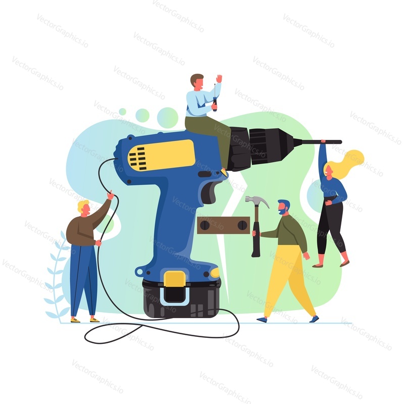 Repairs, vector flat style design illustration. Big electric drill and tiny workers with hammer, screwdriver. Home repair services concept for web banner, website page etc.