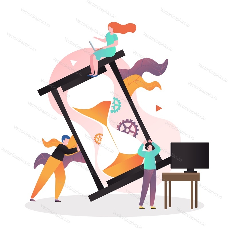 Huge hourglass and excited office people working overtime, vector illustration. Deadline hard work concept for web banner, website page etc.