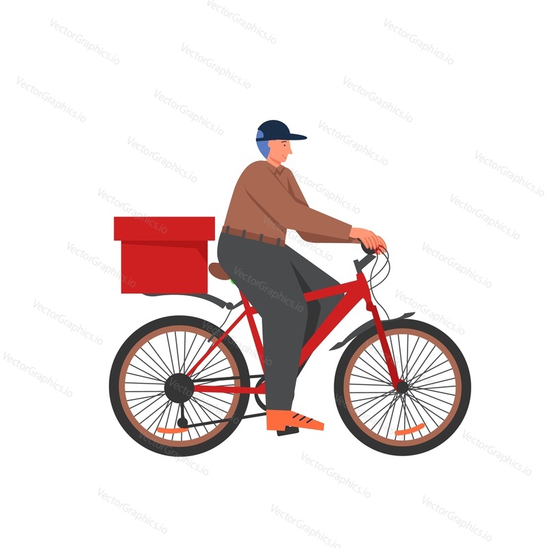 Delivery man courier riding bike with red cardboard box. Vector flat style design illustration isolated on white background. Bicycle food delivery services concept for web banner, website page etc.