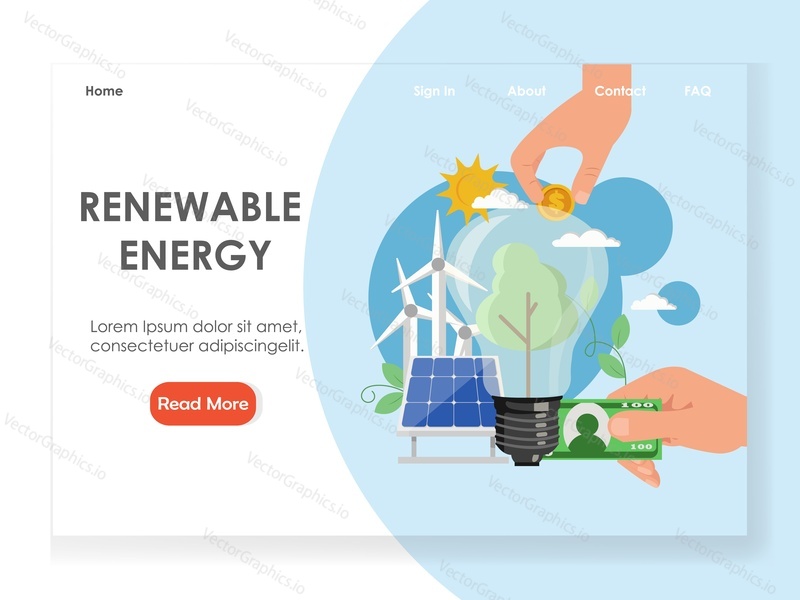 Векторный шаблон веб-сайта с использованием возобновляемых источников энергии, дизайн веб-страницы и целевой страницы для разработки веб-сайтов и мобильных сайтов. Инвестиции в солнечную и ветровую энергетику.