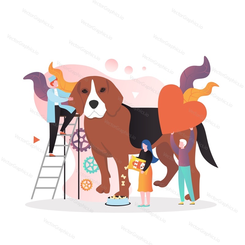 Huge dog, micro male, female characters in vet clinic, vector illustration. Doctor veterinarian petting puppy, woman giving dry food, man holding heart. Love and kindness to animals, dog health care.