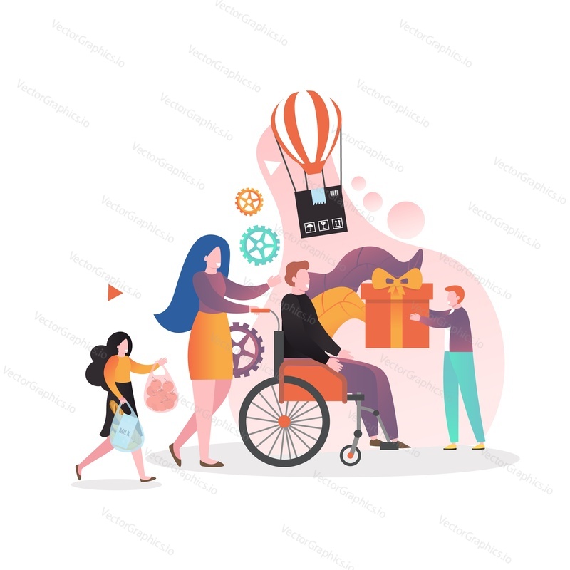 Male and female characters volunteers helping disabled man to move in wheelchair, giving gifts, buying food, vector illustration. Volunteering, altruistic activity concept for web banner, website page