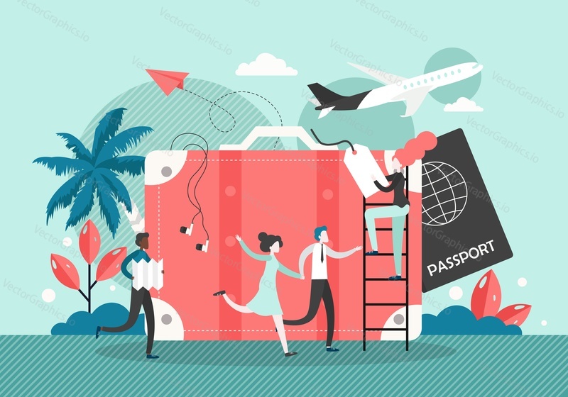 Huge suitcase, passport, micro male and female characters, happy couple traveling by plane, vector flat illustration. Time to travel, flight tours, traveling abroad, flight planning concepts.