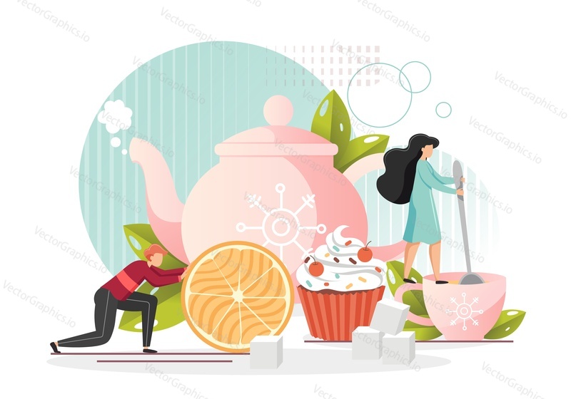 Huge teapot, micro male and female characters preparing tasty hot tea with lemon and cupcake, vector flat style design illustration. Teahouse, cafe, tea party composition.