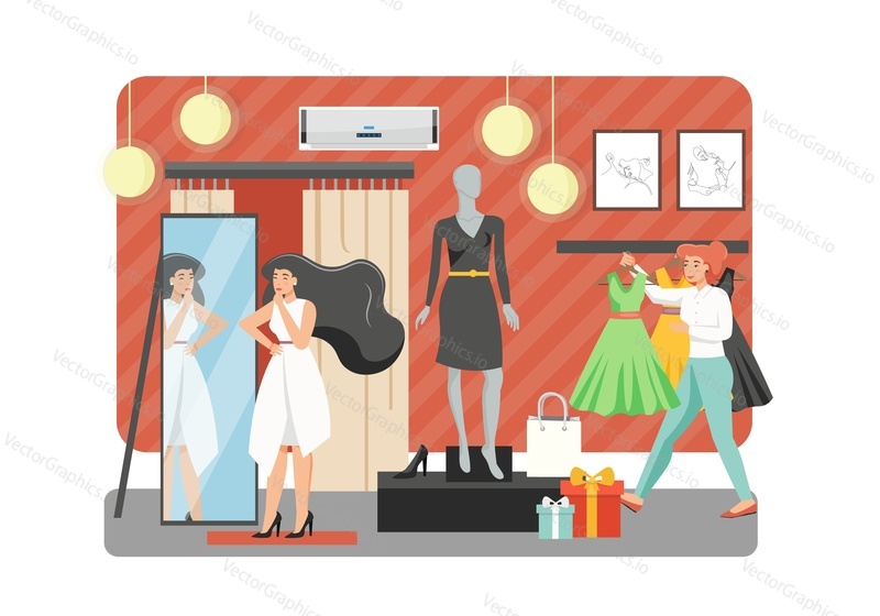 Young woman trying on white dress in front of mirror in fashion boutique, shop assistant proposing one more beautiful green dress, vector flat illustration. Woman store, beauty and fashion concept.