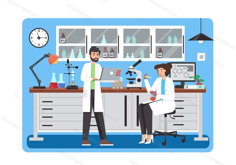 Laboratory assistants, researchers male female with test tube, laptop in science research lab. Chemical, biological, medical laboratory with equipment. Science research, testing, experiment, education