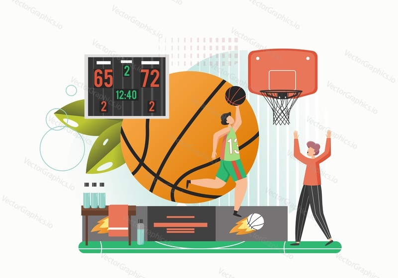 Huge basketball ball, scoreboard, micro male character player throwing ball into the basket or making slam dunk, vector flat style design illustration. Basketball sport team game tournament.