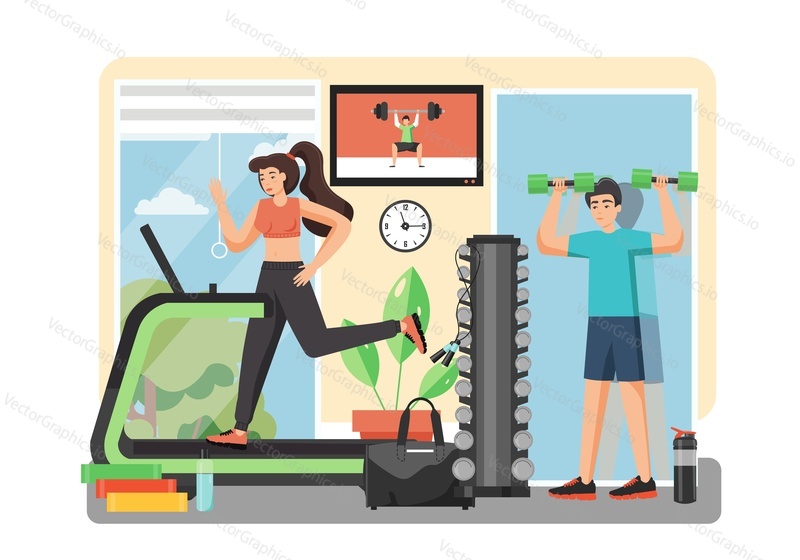 Young man and woman training at the gym, vector flat style design illustration. Girl running on treadmill, boy exercising with dumbbells. Sport workout, fitness gym, healthy lifestyle concept.