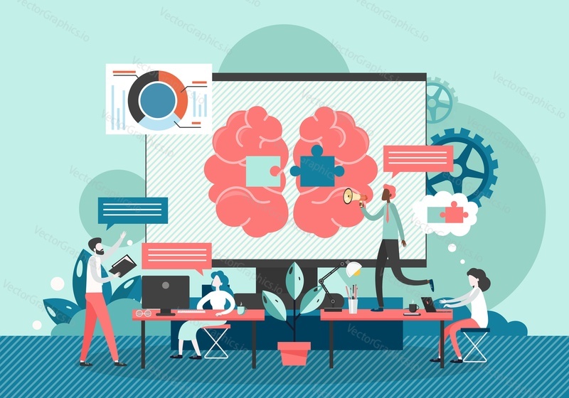 Huge computer monitor with human brain and jigsaw puzzles on screen, micro characters office people team, vector flat illustration. Brain storm, generating ideas to solve problems, business team.
