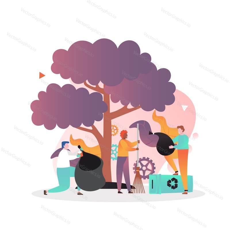 Male and female characters volunteers cleaning street, vector illustration. People collecting leaves and sweeping waste with broom. Volunteering, ecology, save environment concept for website page etc