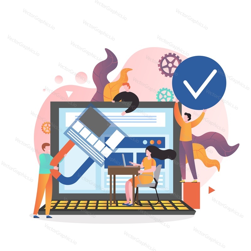 Huge laptop and micro male and female characters web developers creating website, vector illustration. Website development, web designer services composition for web banner, website page etc.