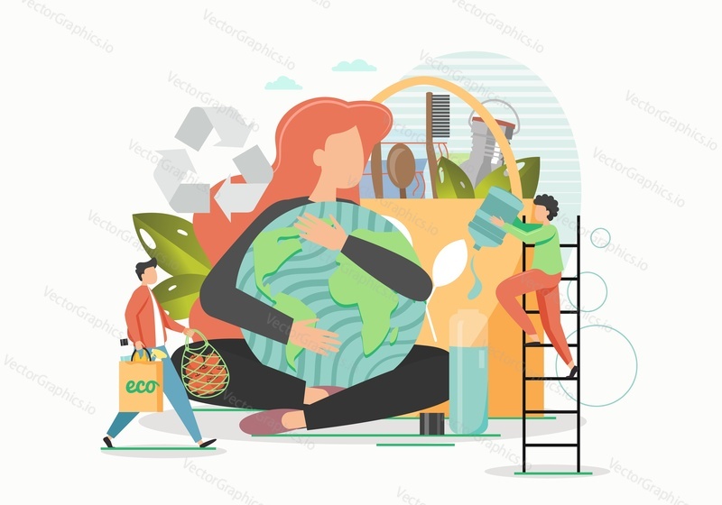 Eco friendly composition with happy woman hugging green planet Earth globe, vector flat style design illustration. Save planet, environment conservation, life without plastic, eco lifestyle.