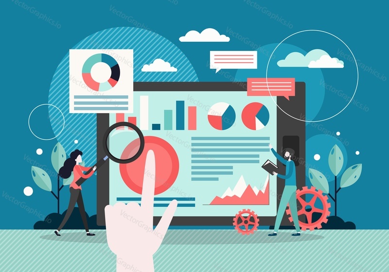 Business people analysts, micro characters interacting with charts on huge tablet screen, vector flat style design illustration. Business analytics, seo, data analysis process, analyst service.