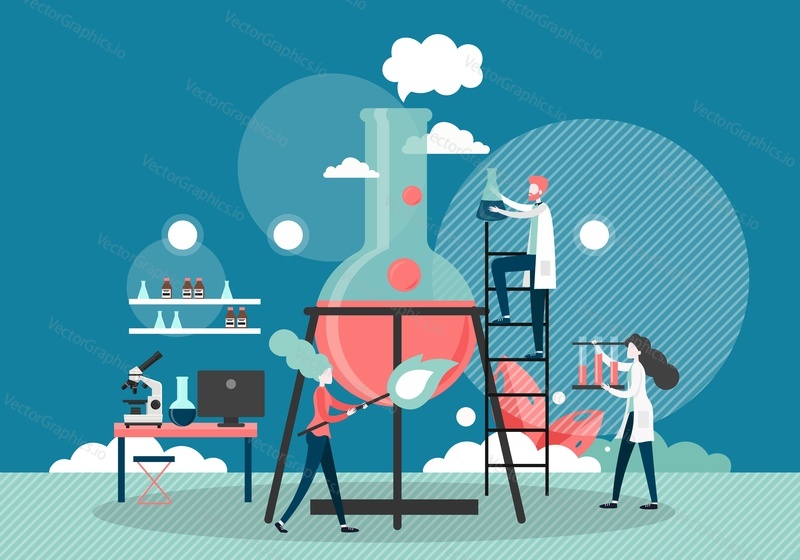 Huge lab flask, micro male female characters in white coats doing medical test, science experiment, medicine research, vector flat illustration. Scientists, lab assistants using laboratory equipment.