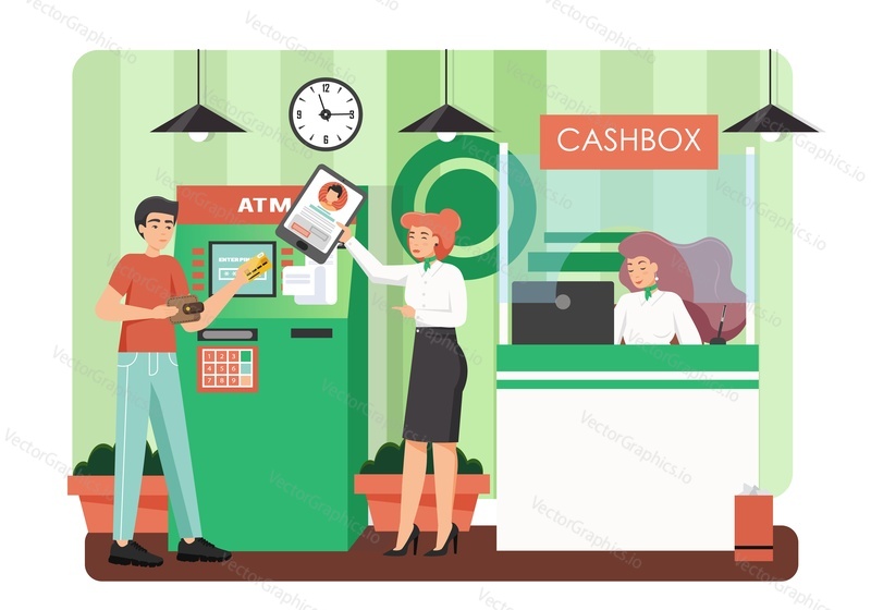 Bank interior with atm machine, cashbox, male and female characters customer and bank staff, vector flat style design illustration. Atm banking, cash operations concepts.