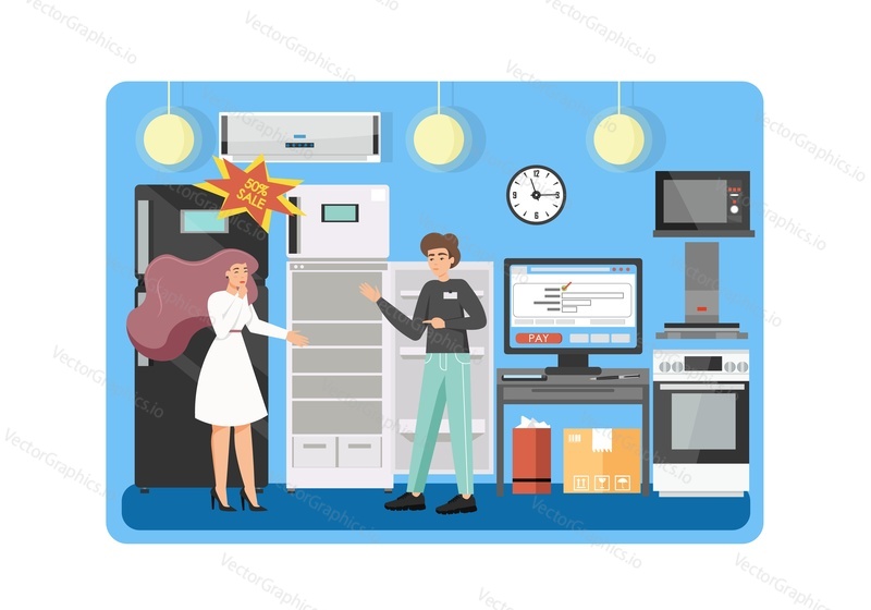Home and kitchen appliances store, vector flat illustration. Special offers and cyber sales for household equipment, seasonal and holiday sale and discounts in electronics store concept.