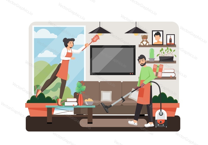 Professional home cleaning services, vector flat illustration. Male and female characters, cleaning company staff dusting home appliances and furniture, vacuuming carpet in living room.