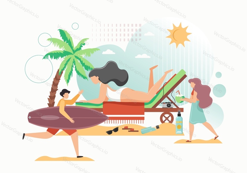 Girls sunbathing on chaise lounge, drinking cocktail, man running with surfboard, vector flat style design illustration. Summer beach vacation, traveling, surfing, water beach activities concept.