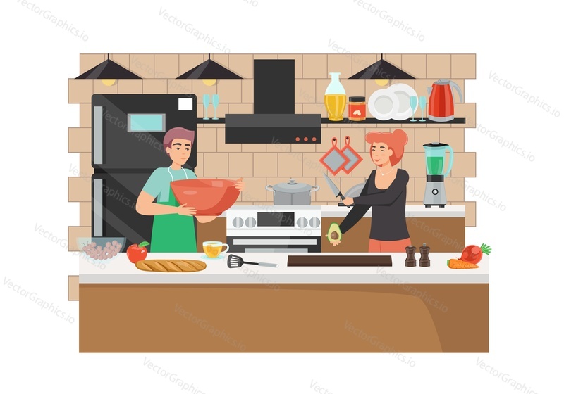 Male and female characters cook bloggers cooking food together in kitchen, vector flat style design illustration. Food hunter, chef courses online, culinary blog internet channel.