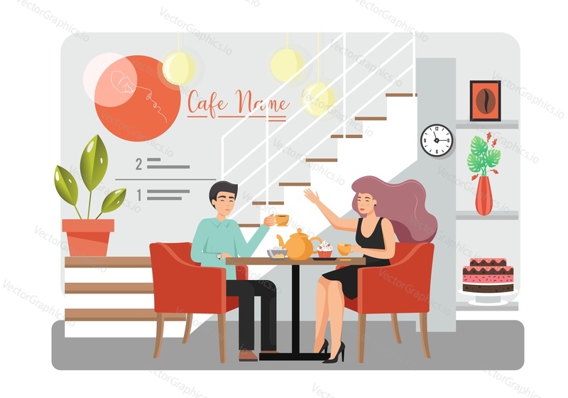 Cute couple drinking coffee and talking to each other while sitting at table in cafe, vector flat style design illustration. Young people visiting cafe. Happy romantic couple in love having date.