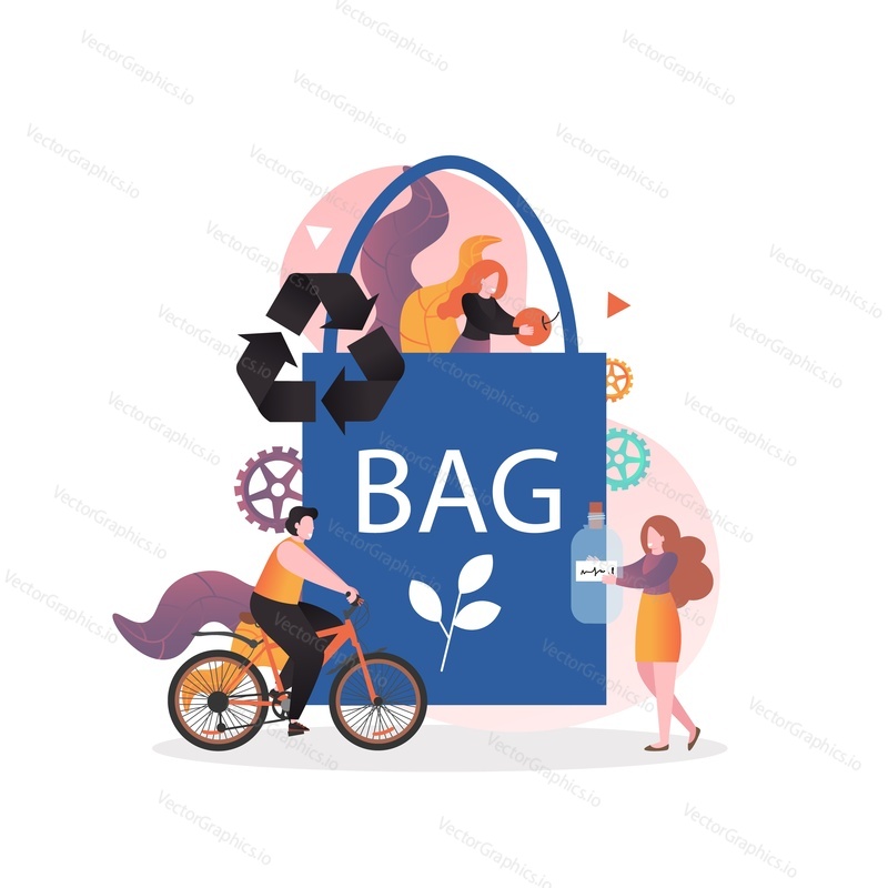 Huge eco reusable grocery bag and micro characters holding apple, glass bottle, riding bicycle, vector illustration. Zero waste concept for web banner, website page etc.