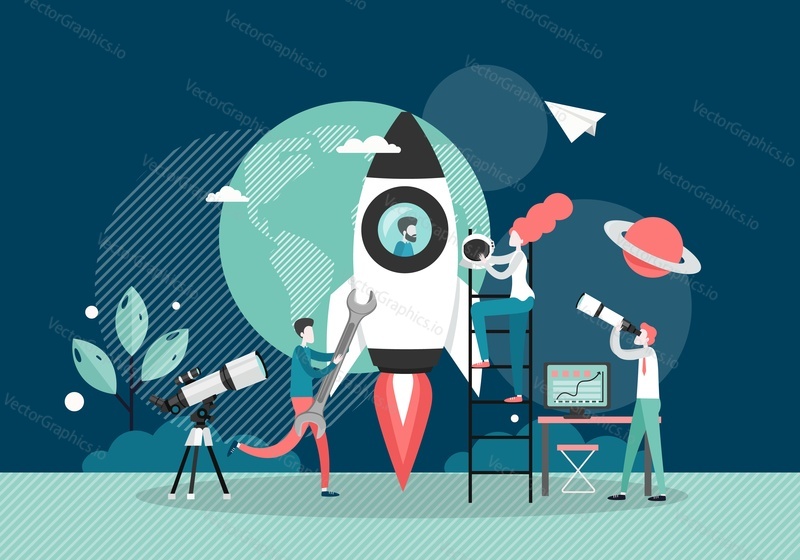 Male and female characters preparing rocket and astronaut for space travel, looking through telescope, vector flat style design illustration. Space exploration, rocket launch, astronomy science.