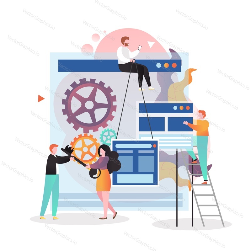 Male and female characters professional designer team creating website, vector illustration. Web designer services concept for web banner, website page etc.