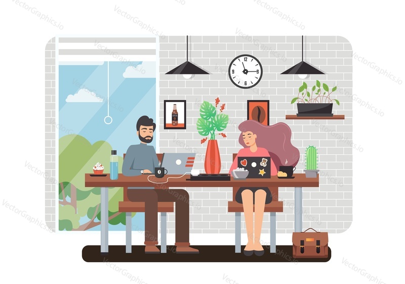 Male and female characters freelancers coworking team working on laptops, vector flat style design illustration. Freelance remote work, coworking center, freelancing, freelance work website.