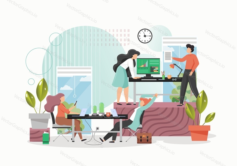 Office people working hard and taking rest at workplace, vector flat style design illustration. Business teamwork, office work, workplace.