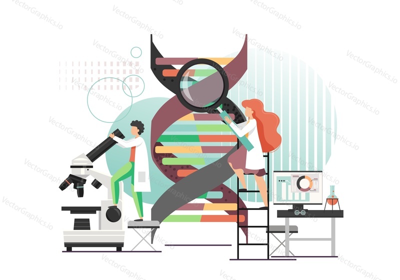 Dna researchers scientists lab assistants studying genes, vector flat illustration. Man looking through microscope, woman inspecting dna structure with magnifying glass in science research laboratory.