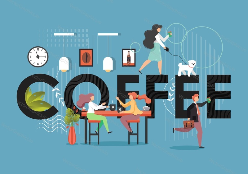Coffee in capital letters, two girls sitting at table and drinking coffee in cafe, happy people man and woman walking with takeaway coffee, vector flat illustration. Coffeeshop, coffeehouse, cafe.