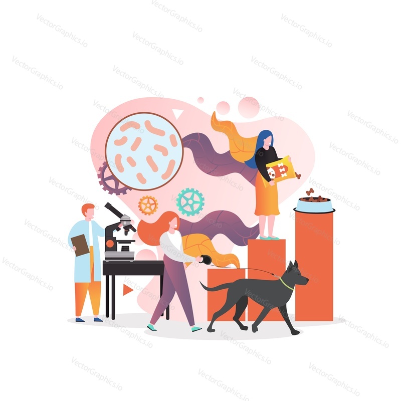 Woman with her pet dog visiting veterinarian doctor, vector illustration. Veterinary services, vet clinic, animal health concept for web banner, website page etc.