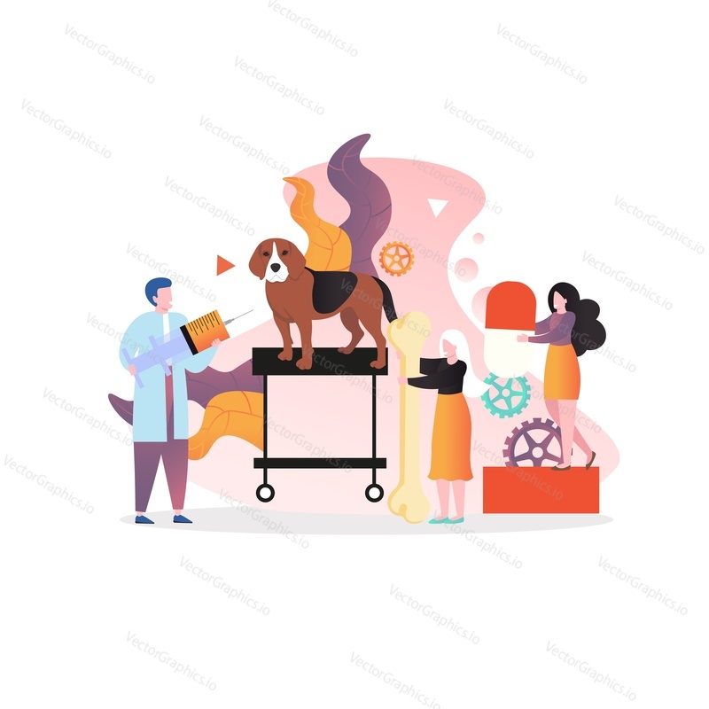Doctor professional vet treating sick dog, vector illustration. Veterinary services, animal vaccination concept for web banner, website page etc.