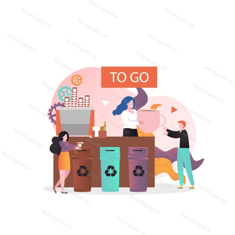 Man buying coffee to go in his own reusable cup instead of disposable cup, vector illustration. Zero waste, plastic free concept for web banner, website page etc.